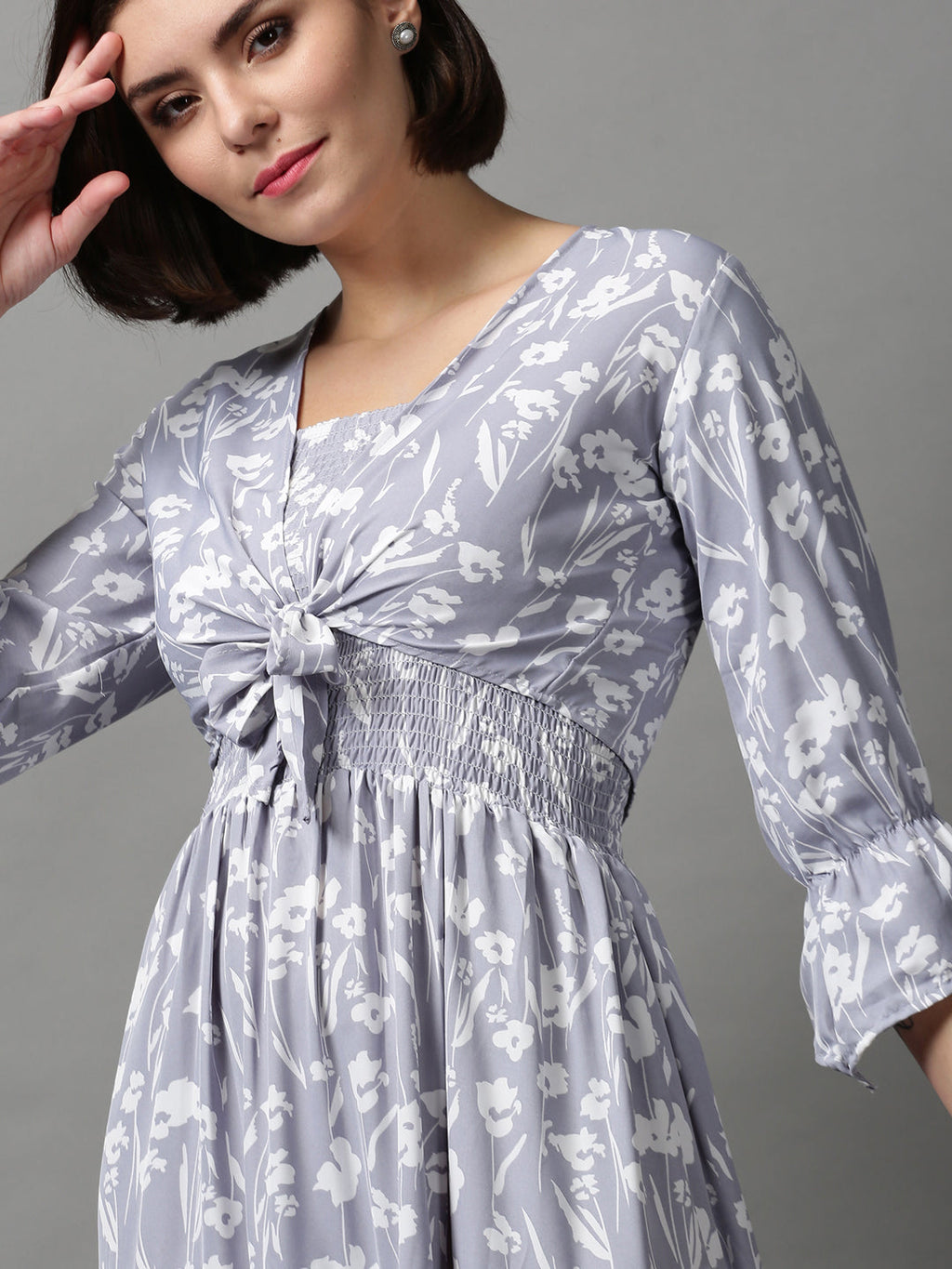 Women's Grey Floral Midi Dress