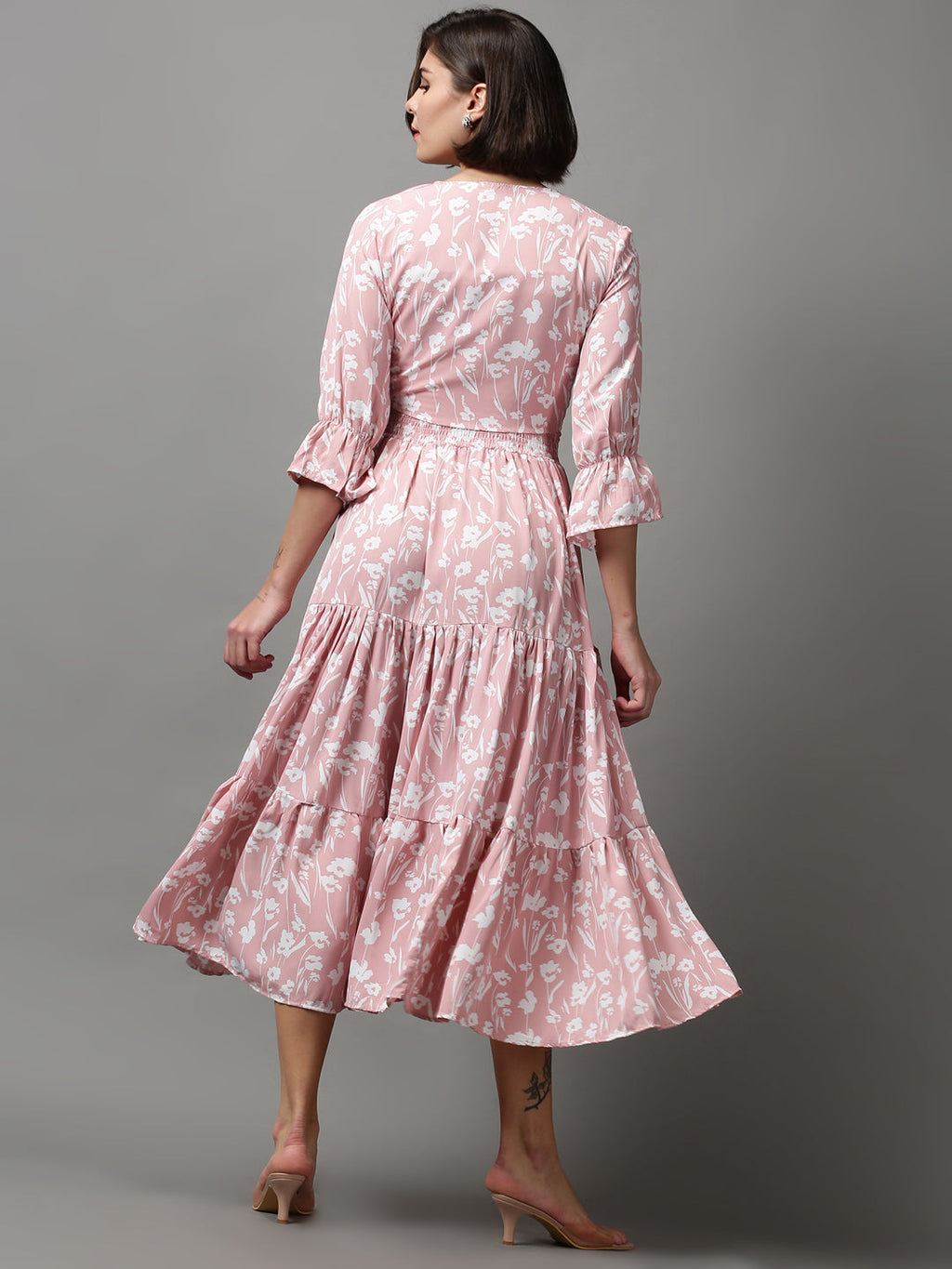 Women's Pink Floral Printed Tiered Midi Dress