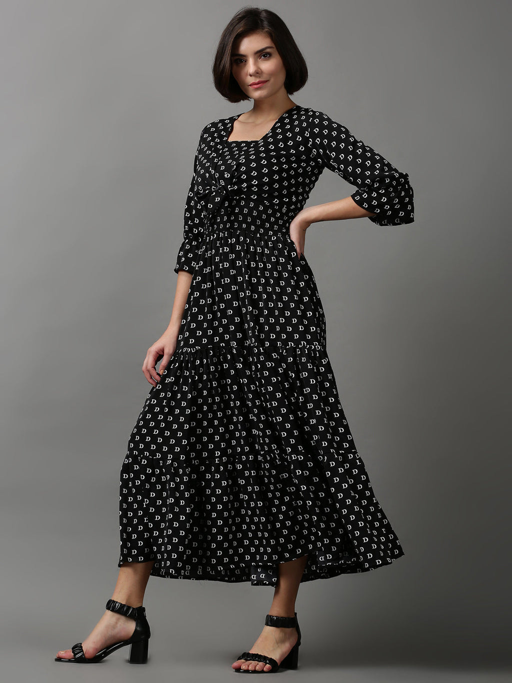 Women's Black Printed Crepe Midi Dress With Shrug