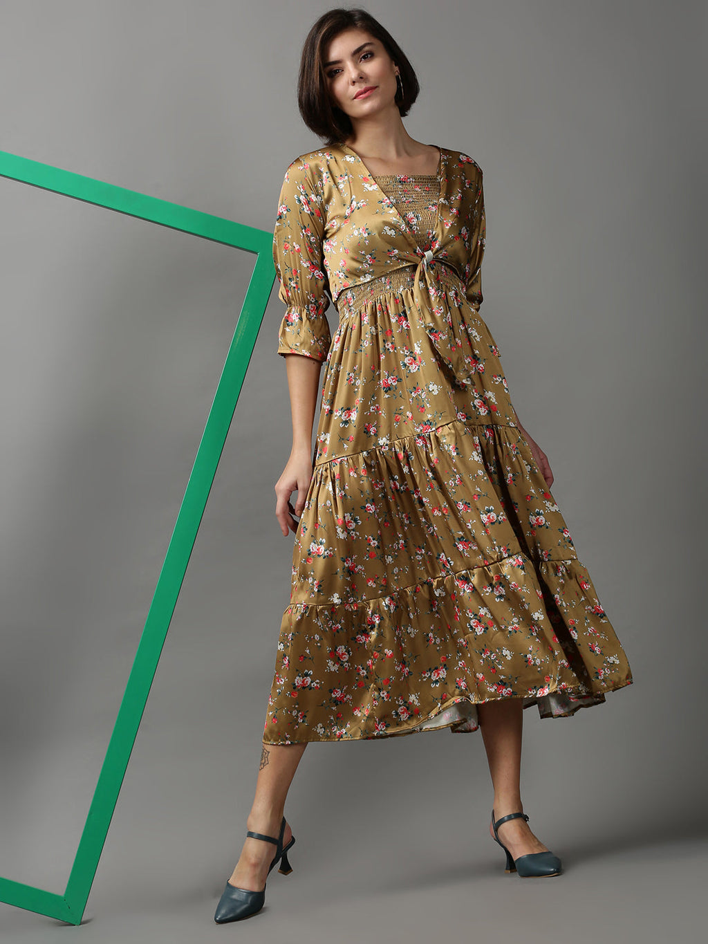 Women's Khaki Floral Printed Tiered Maxi Dress