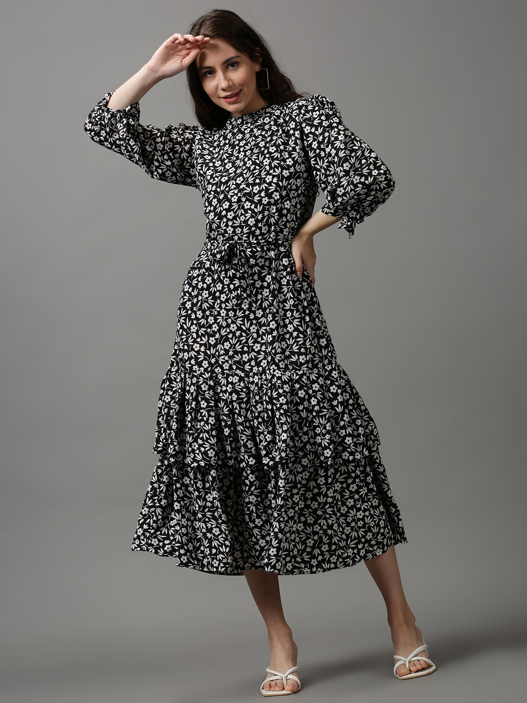 Women's Black Floral A-Line Midi Dress