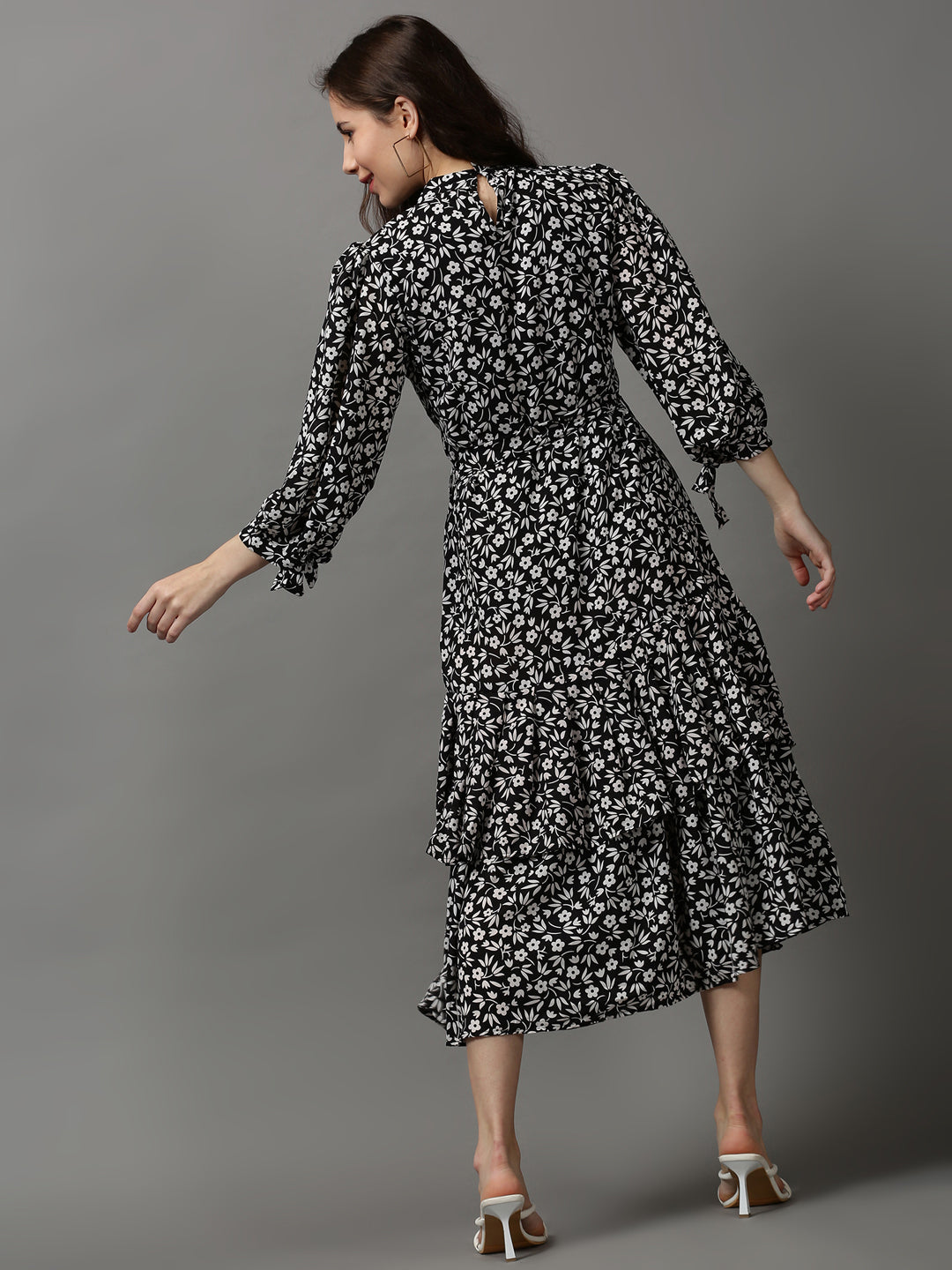 Women's Black Floral A-Line Midi Dress