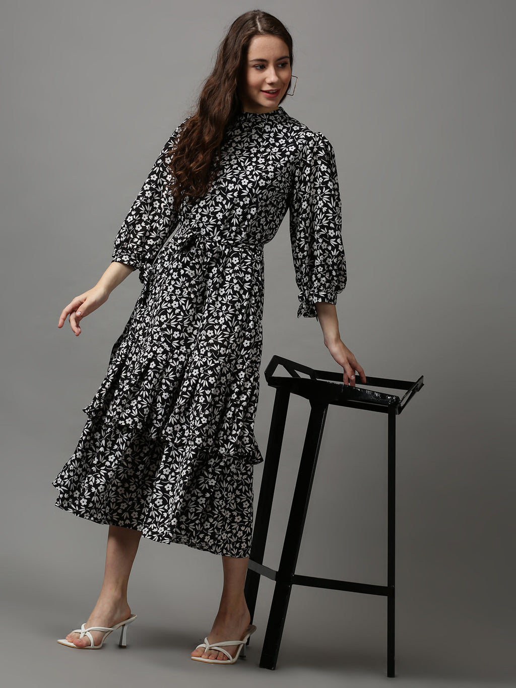 Women's Black Floral A-Line Midi Dress