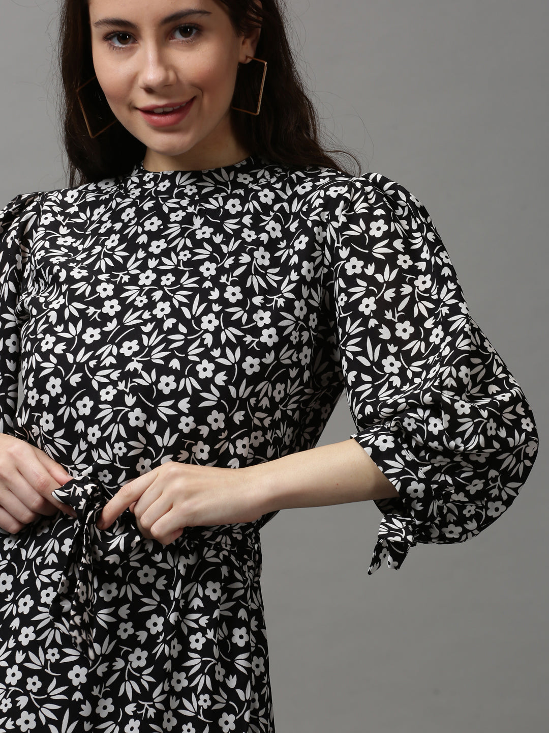 Women's Black Floral A-Line Midi Dress