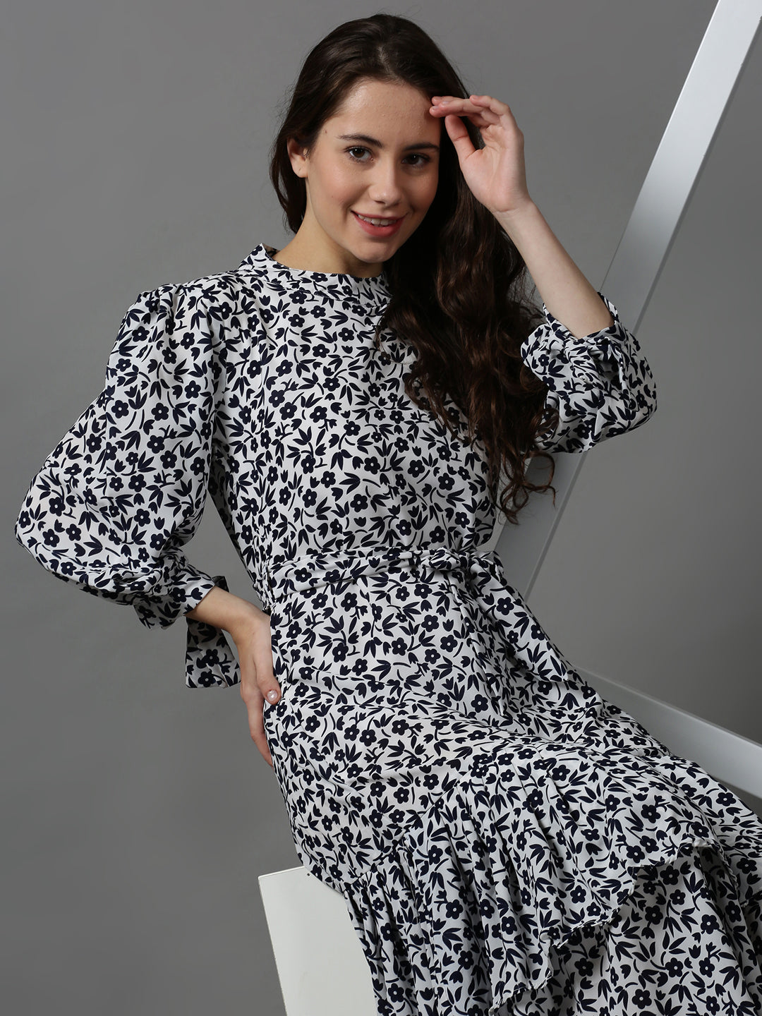 Women's White Floral Layered High Neck Maxi Dress