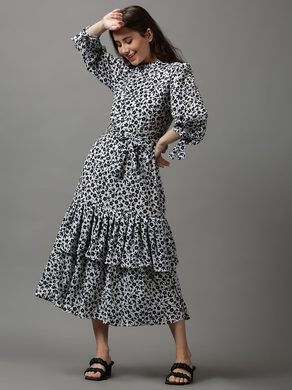 Women's White Floral Layered High Neck Maxi Dress