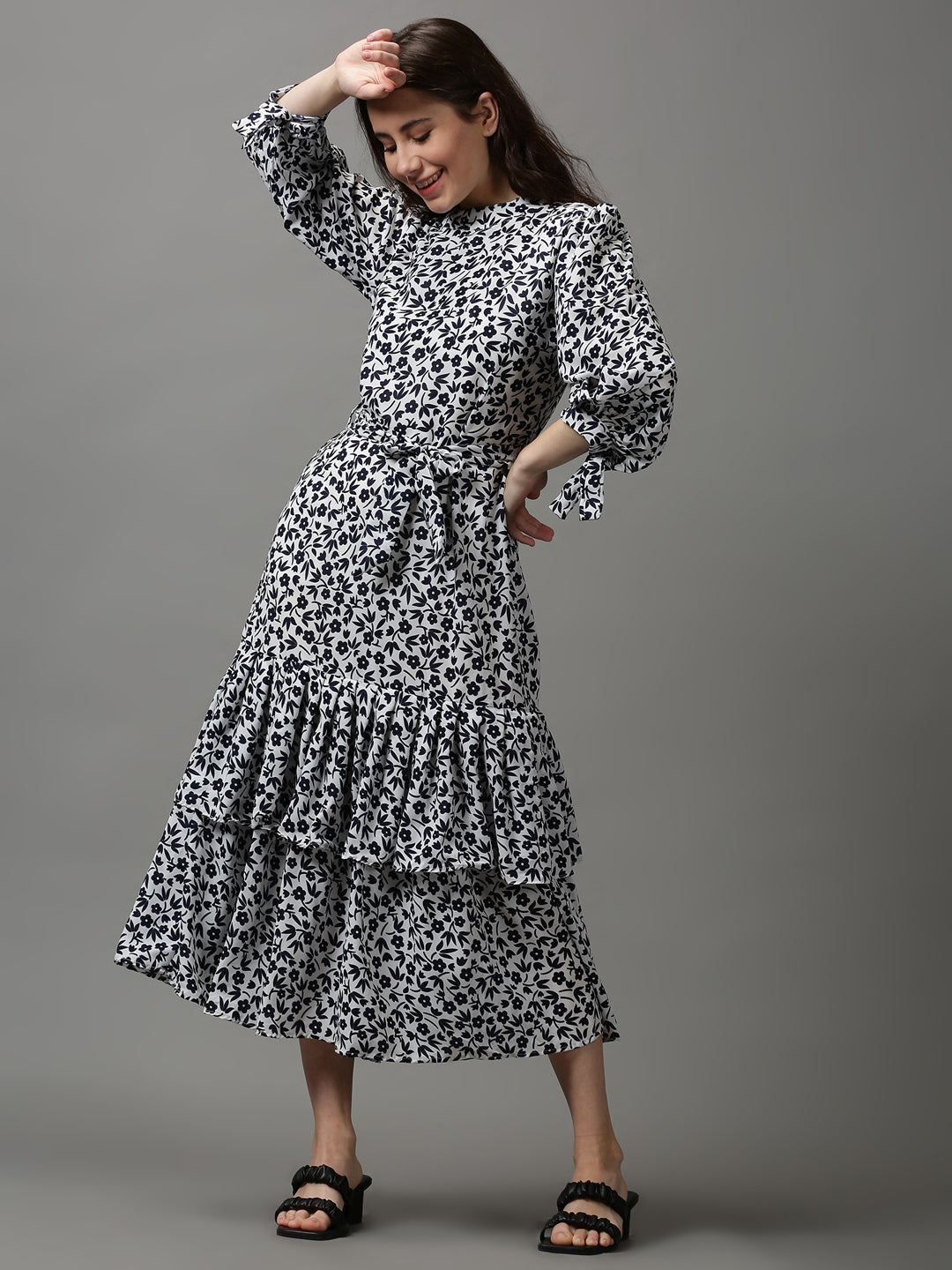 Women's White Floral Layered High Neck Maxi Dress