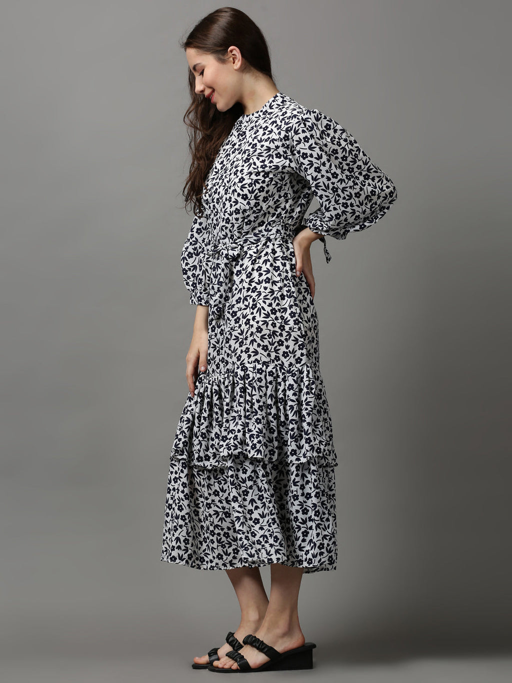 Women's White Floral Layered High Neck Maxi Dress