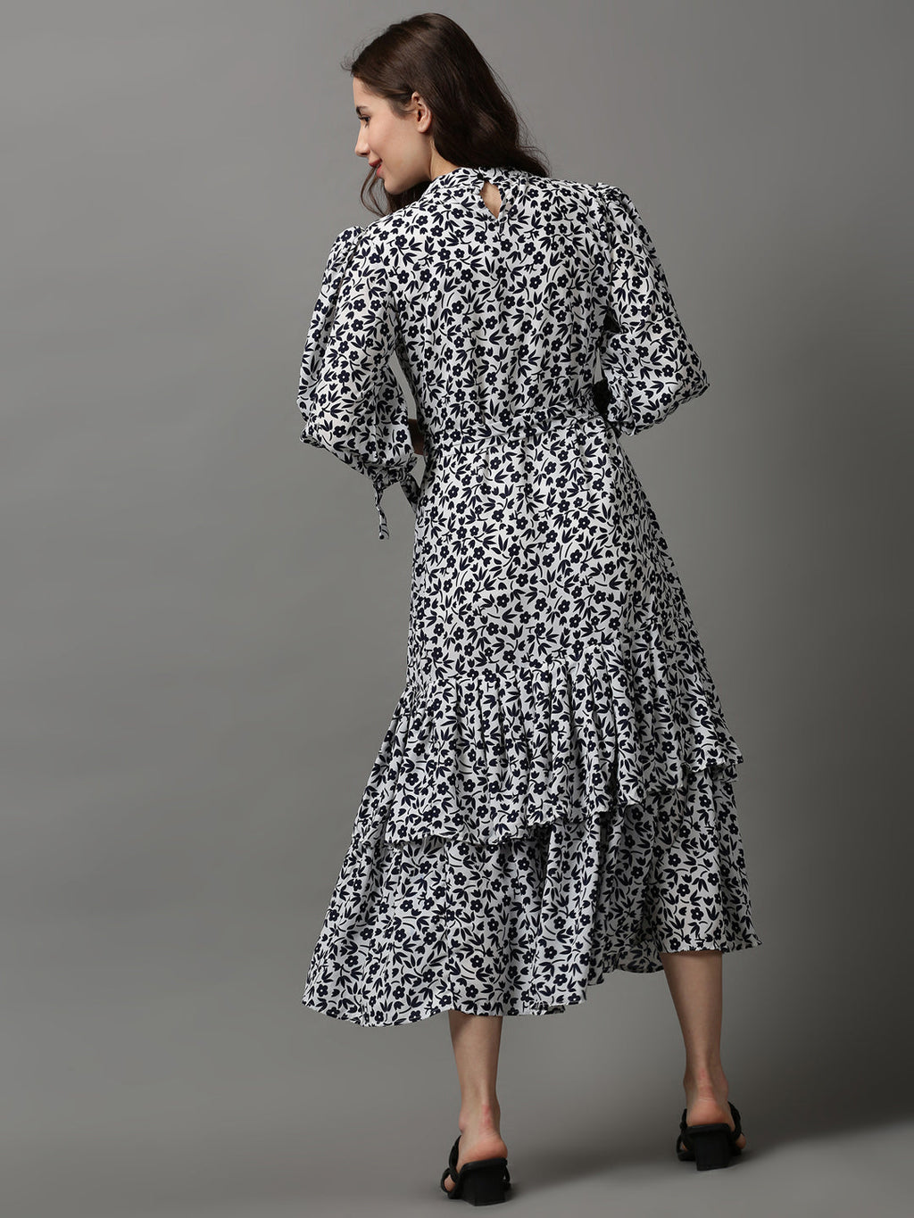 Women's White Floral Layered High Neck Maxi Dress