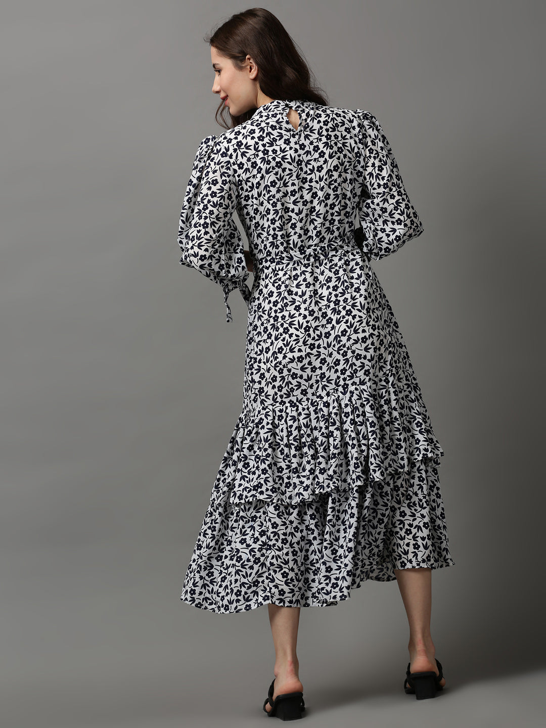 Women's White Floral Layered High Neck Maxi Dress