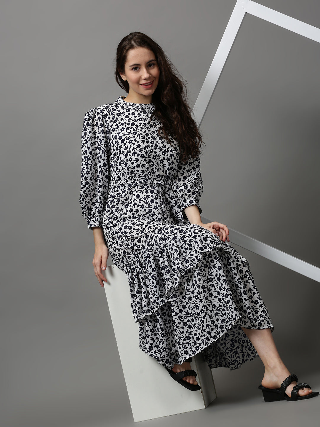 Women's White Floral Layered High Neck Maxi Dress