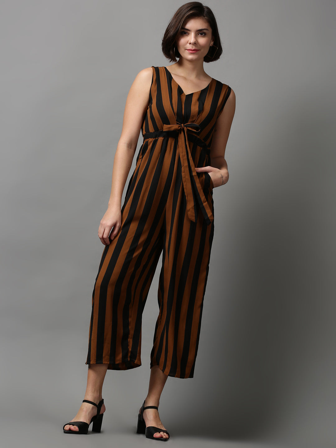 Women's Brown Striped Basic Jumpsuit