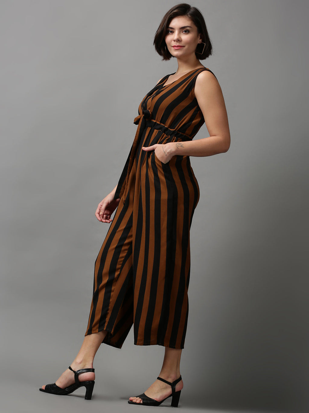 Women's Brown Striped Basic Jumpsuit