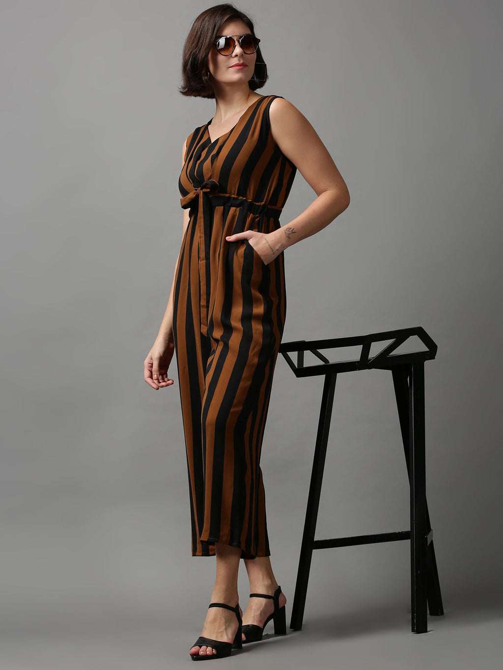Women's Brown Striped Basic Jumpsuit