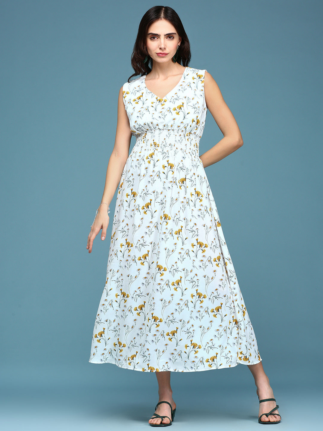 Women's White Floral V-Neck Polyester A-Line Midi Dress