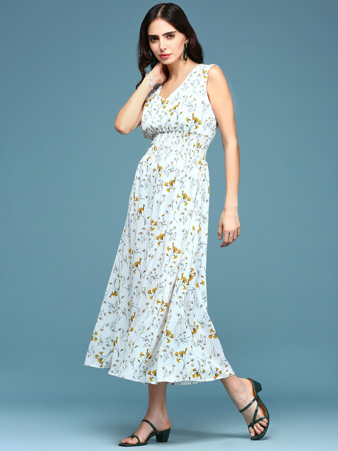 Women's White Floral V-Neck Polyester A-Line Midi Dress