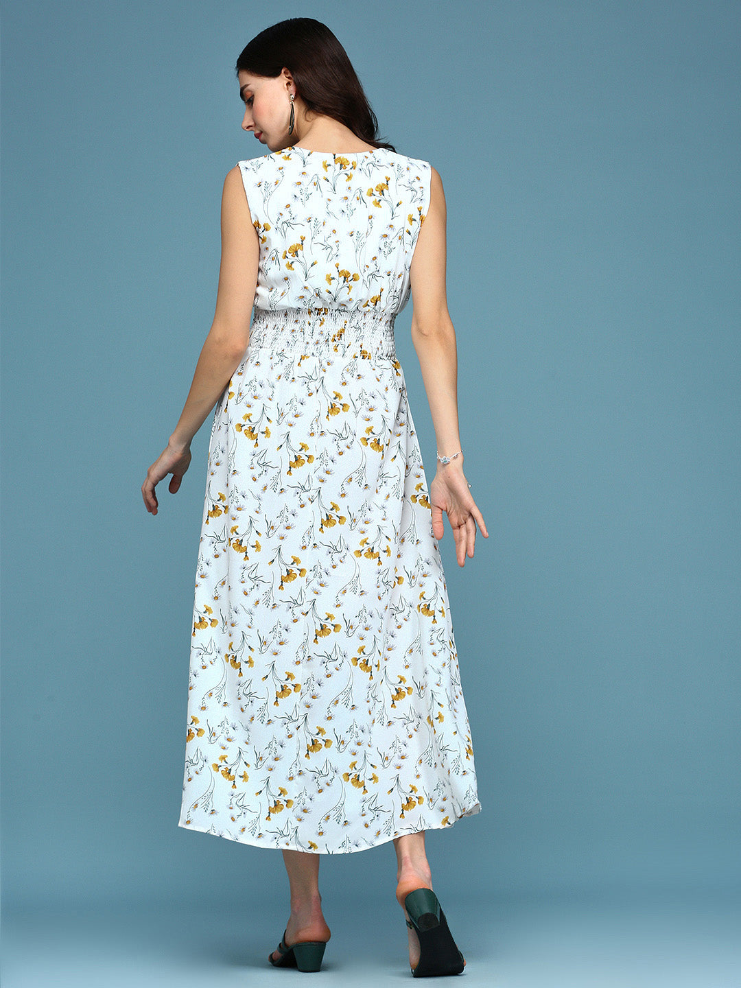 Women's White Floral V-Neck Polyester A-Line Midi Dress