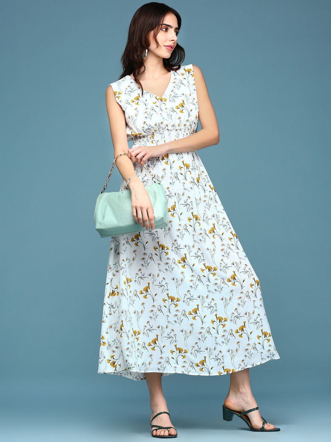 Women's White Floral V-Neck Polyester A-Line Midi Dress