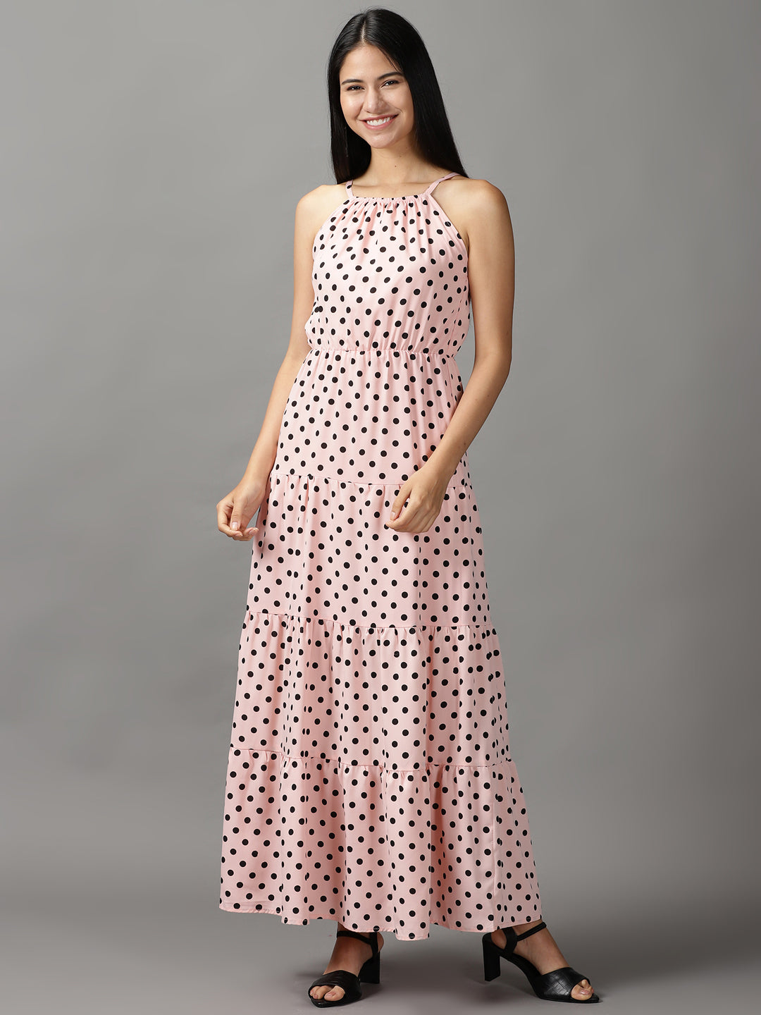 Women's Pink Polka Dots Printed Fit & Flare Dress