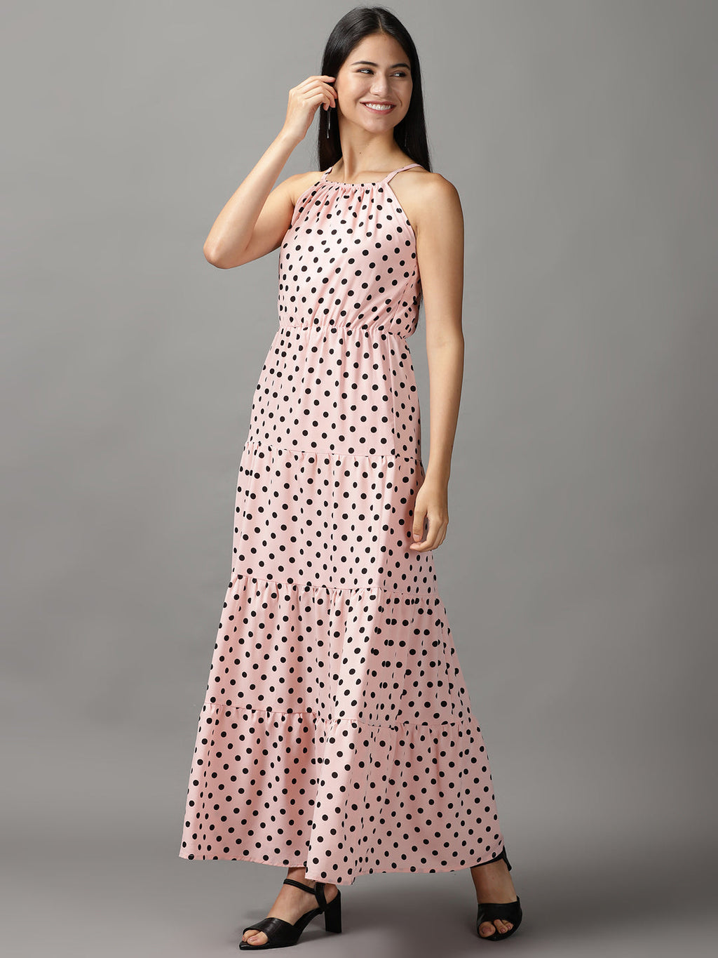 Women's Pink Polka Dots Printed Fit & Flare Dress
