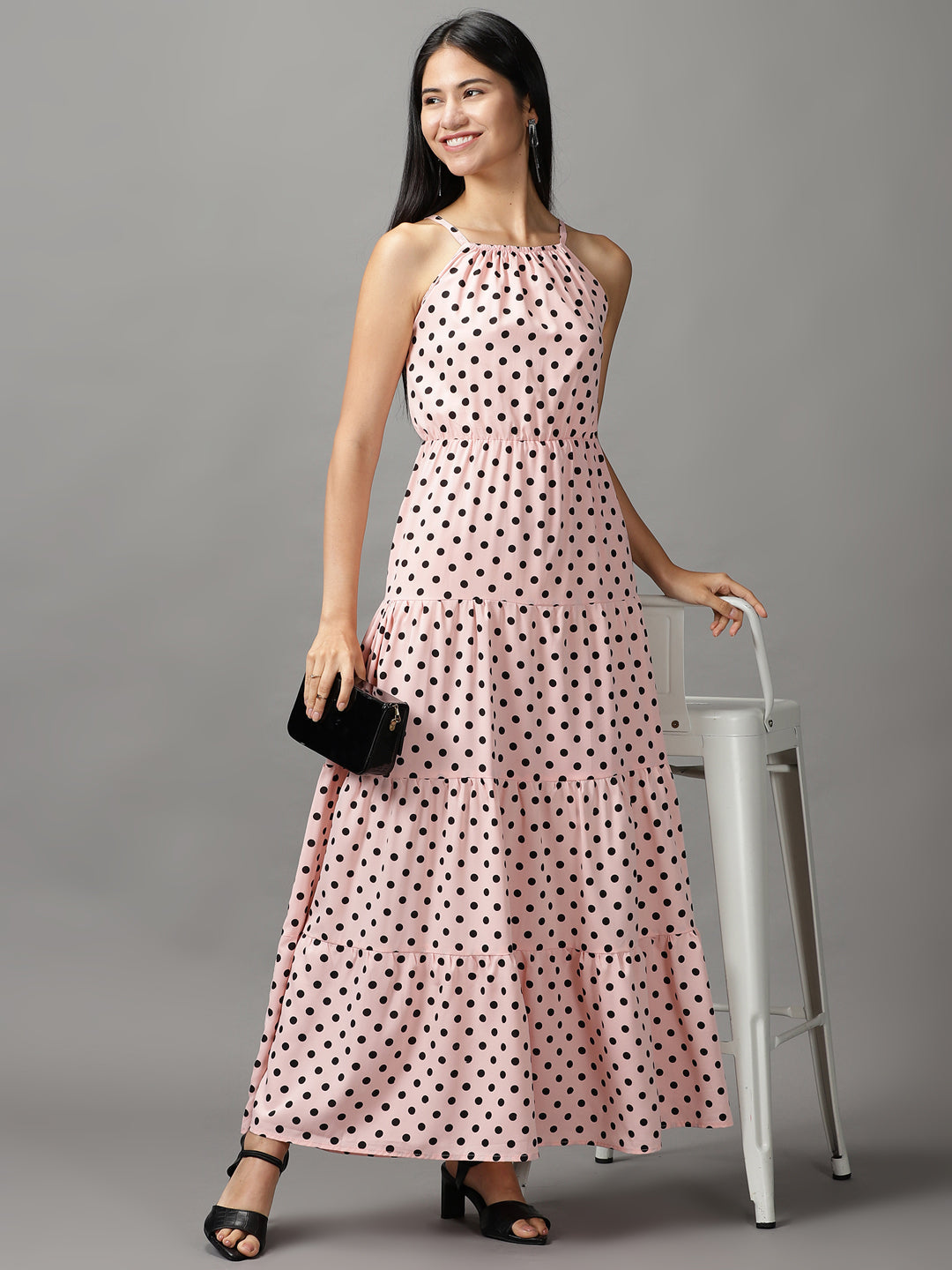 Women's Pink Polka Dots Printed Fit & Flare Dress