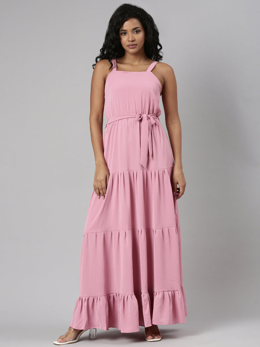 Women's Pink Shoulder Straps Tie Up Fit & Flare Maxi Dress