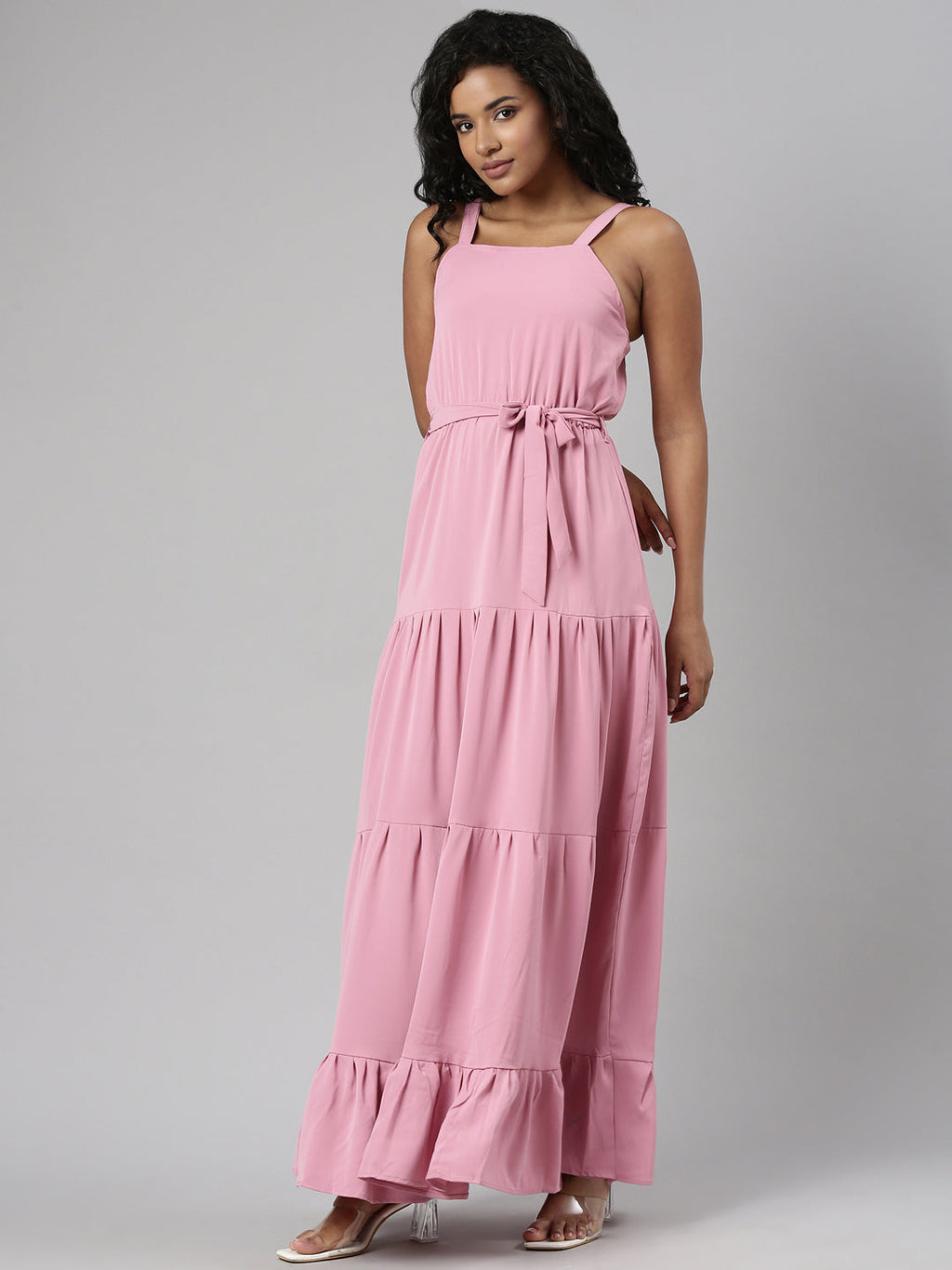Women's Pink Shoulder Straps Tie Up Fit & Flare Maxi Dress