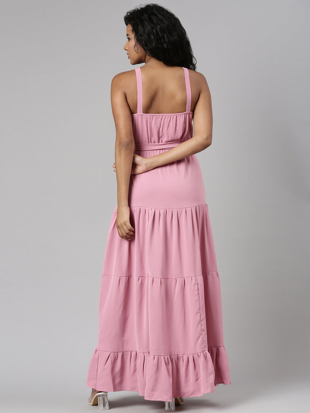 Women's Pink Shoulder Straps Tie Up Fit & Flare Maxi Dress