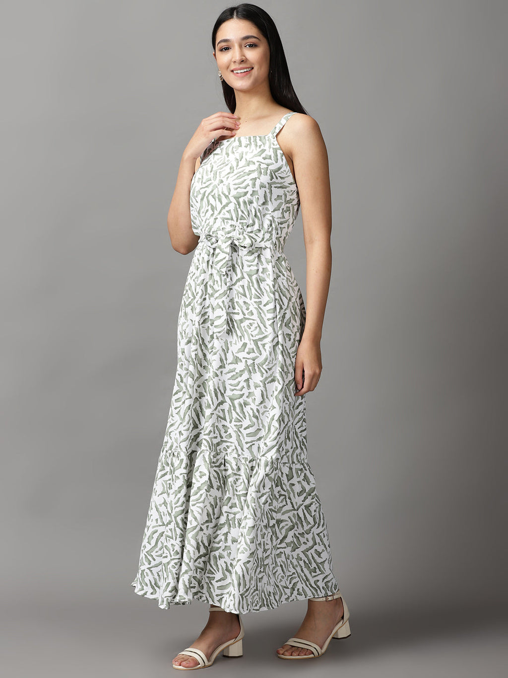 Women's White Polka Dots Sleeveless Fit and Flare Maxi Dress