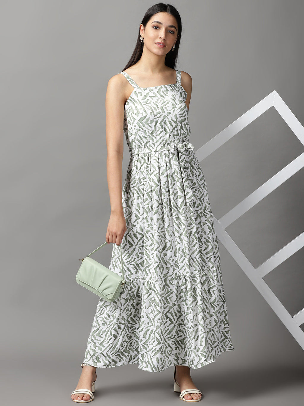 Women's White Polka Dots Sleeveless Fit and Flare Maxi Dress