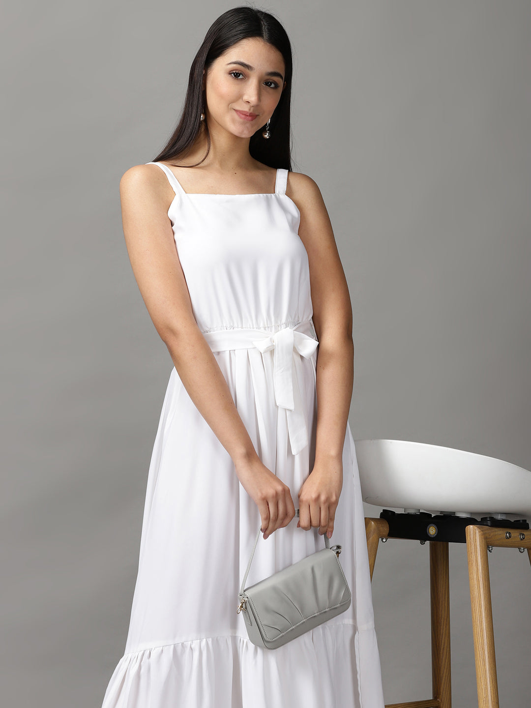 Women's White Crepe Fit and Flare Maxi Dress