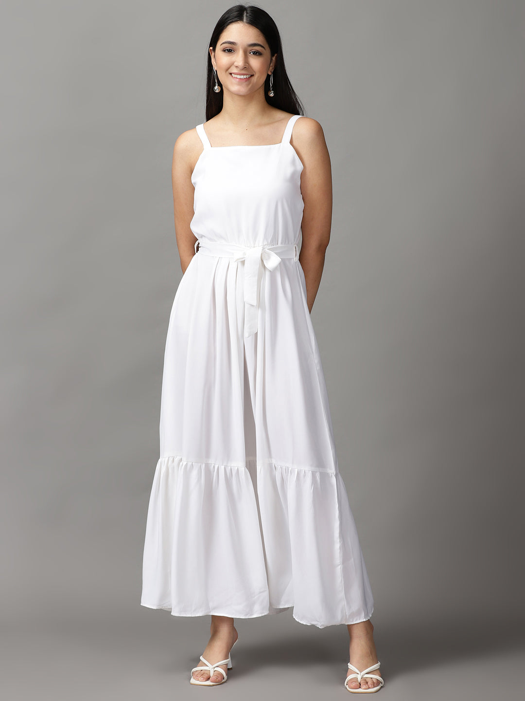 Women's White Crepe Fit and Flare Maxi Dress