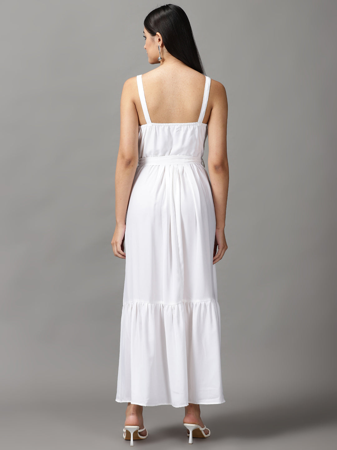 Women's White Crepe Fit and Flare Maxi Dress