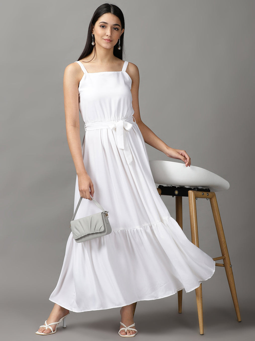 Women's White Crepe Fit and Flare Maxi Dress