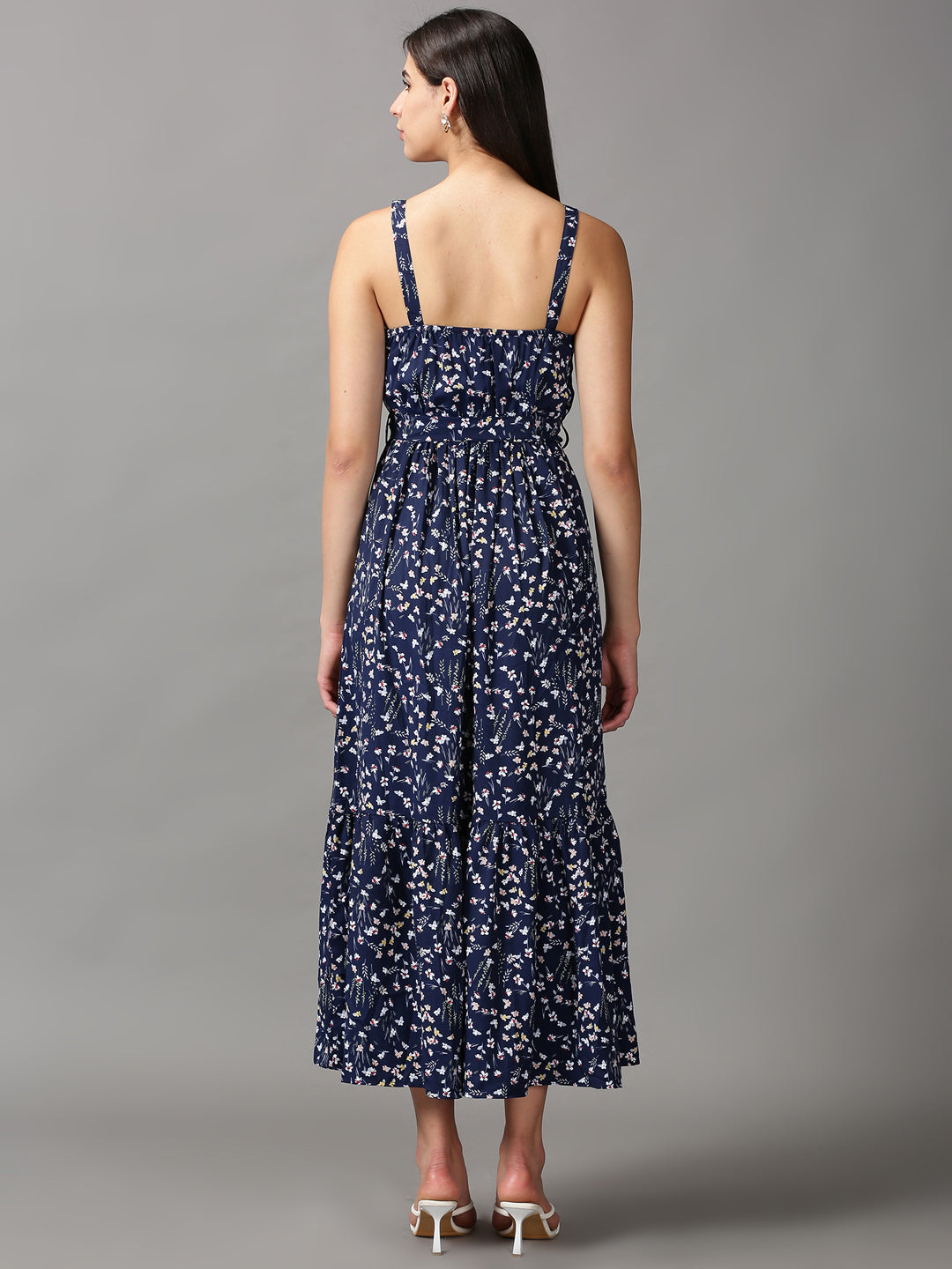 Women's Navy Blue Floral Tiered Chiffon Fit & Flare Dress