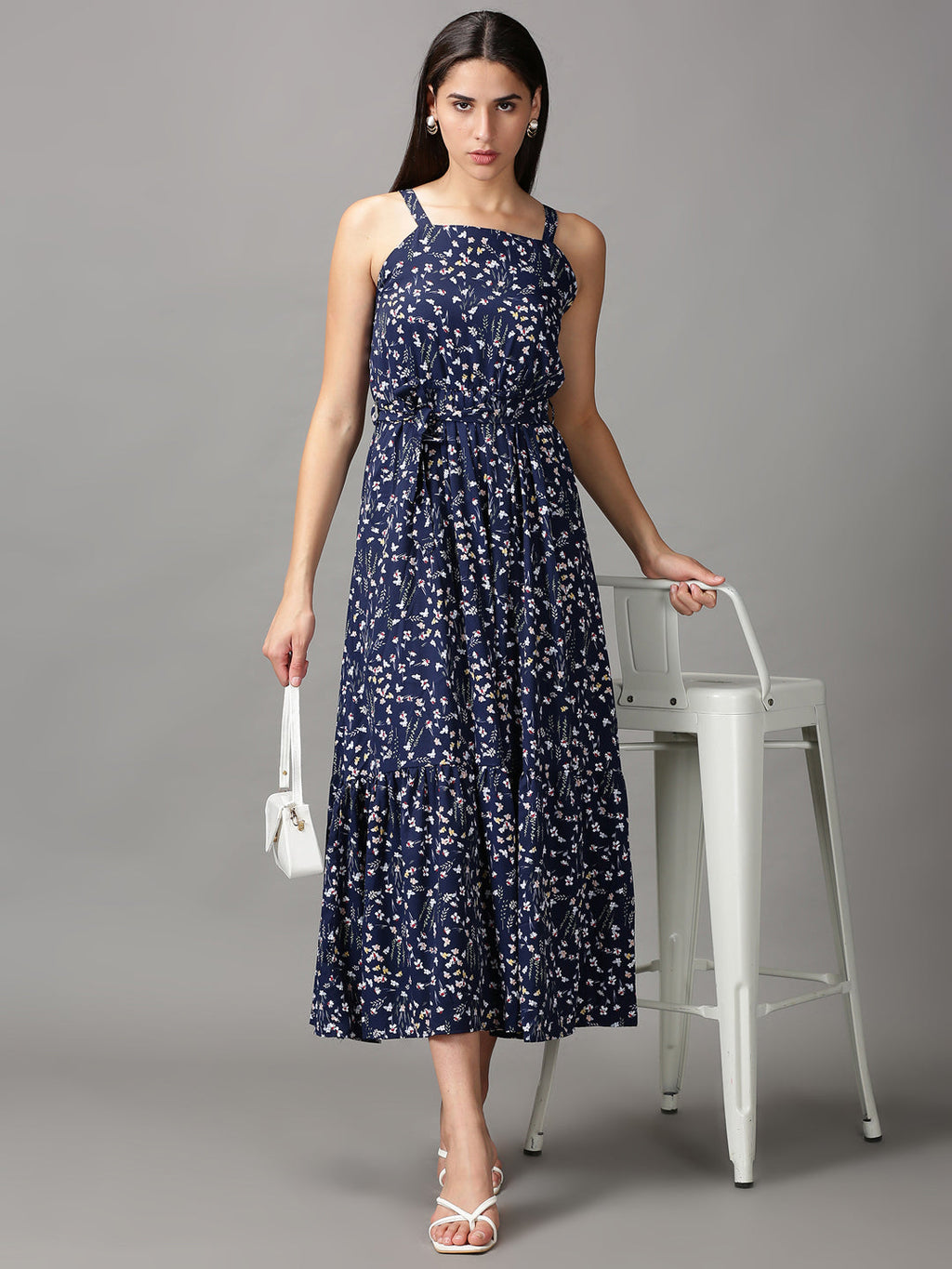 Women's Navy Blue Floral Tiered Chiffon Fit & Flare Dress