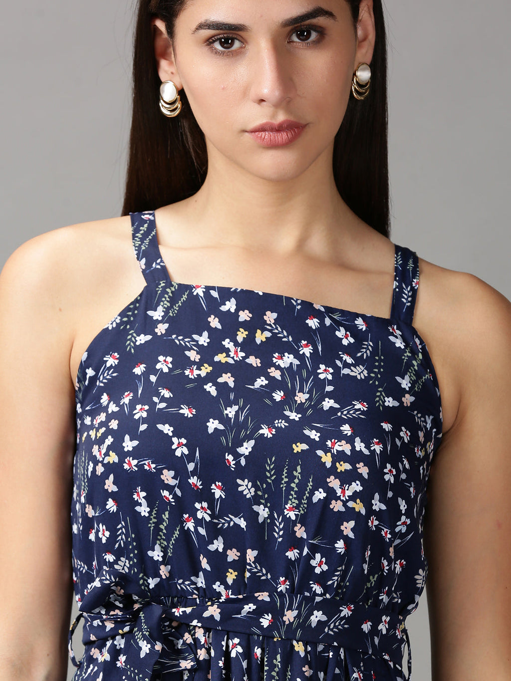 Women's Navy Blue Floral Tiered Chiffon Fit & Flare Dress