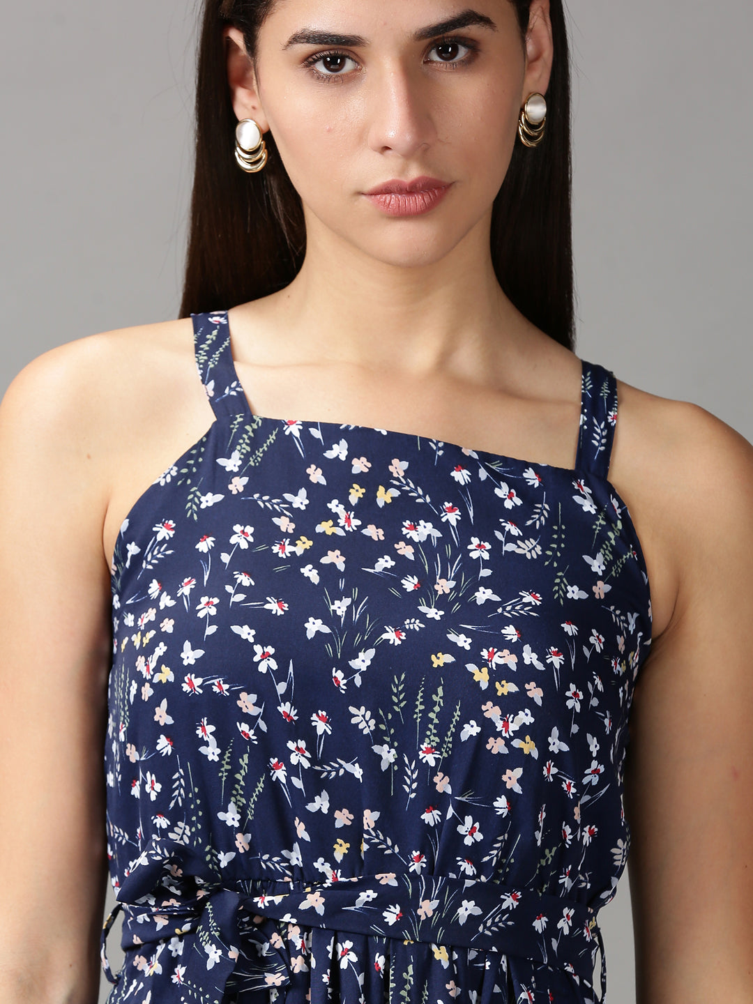 Women's Navy Blue Floral Tiered Chiffon Fit & Flare Dress