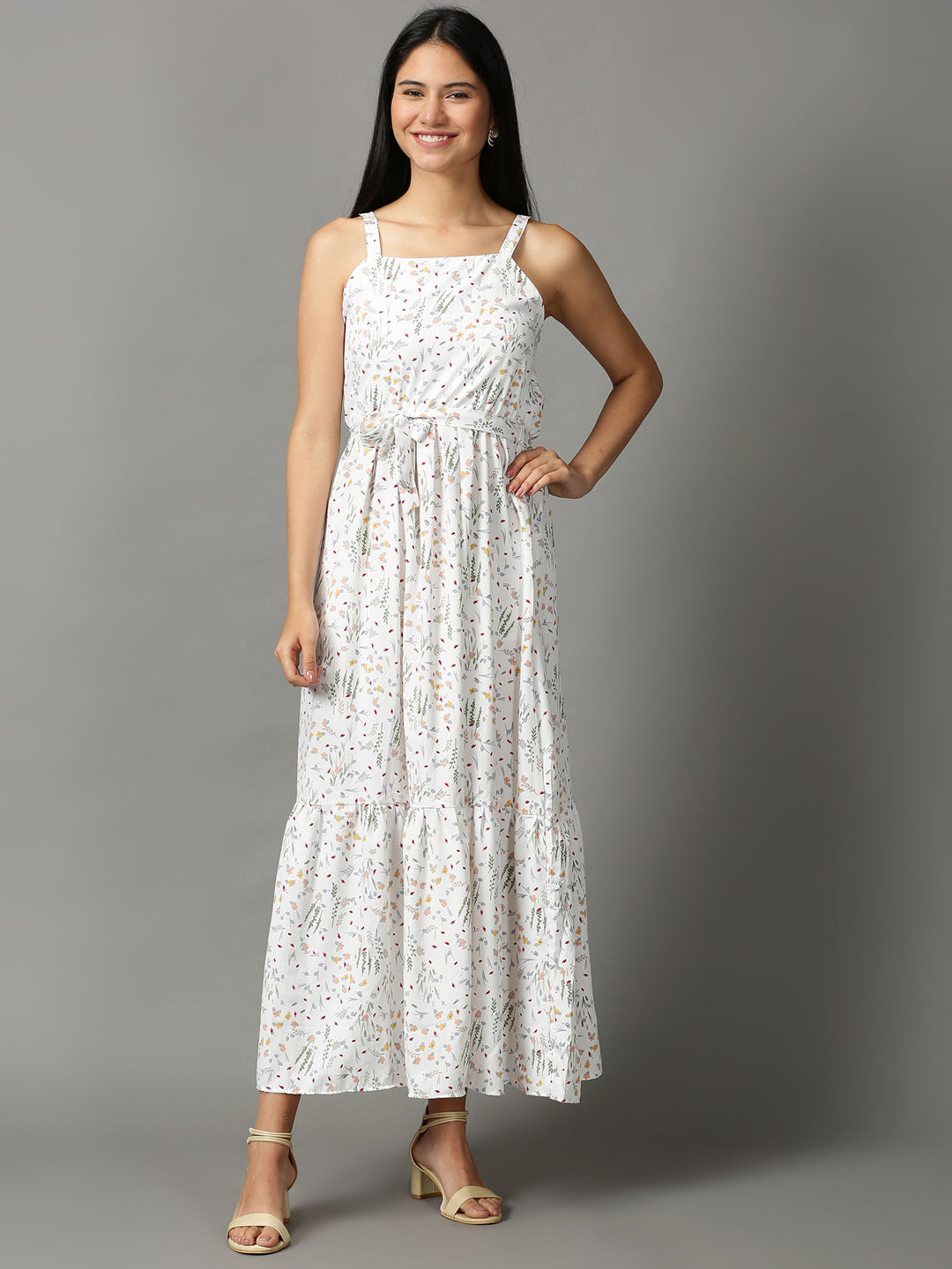 Women's White Floral Layered Chiffon Ethnic Maxi Dress