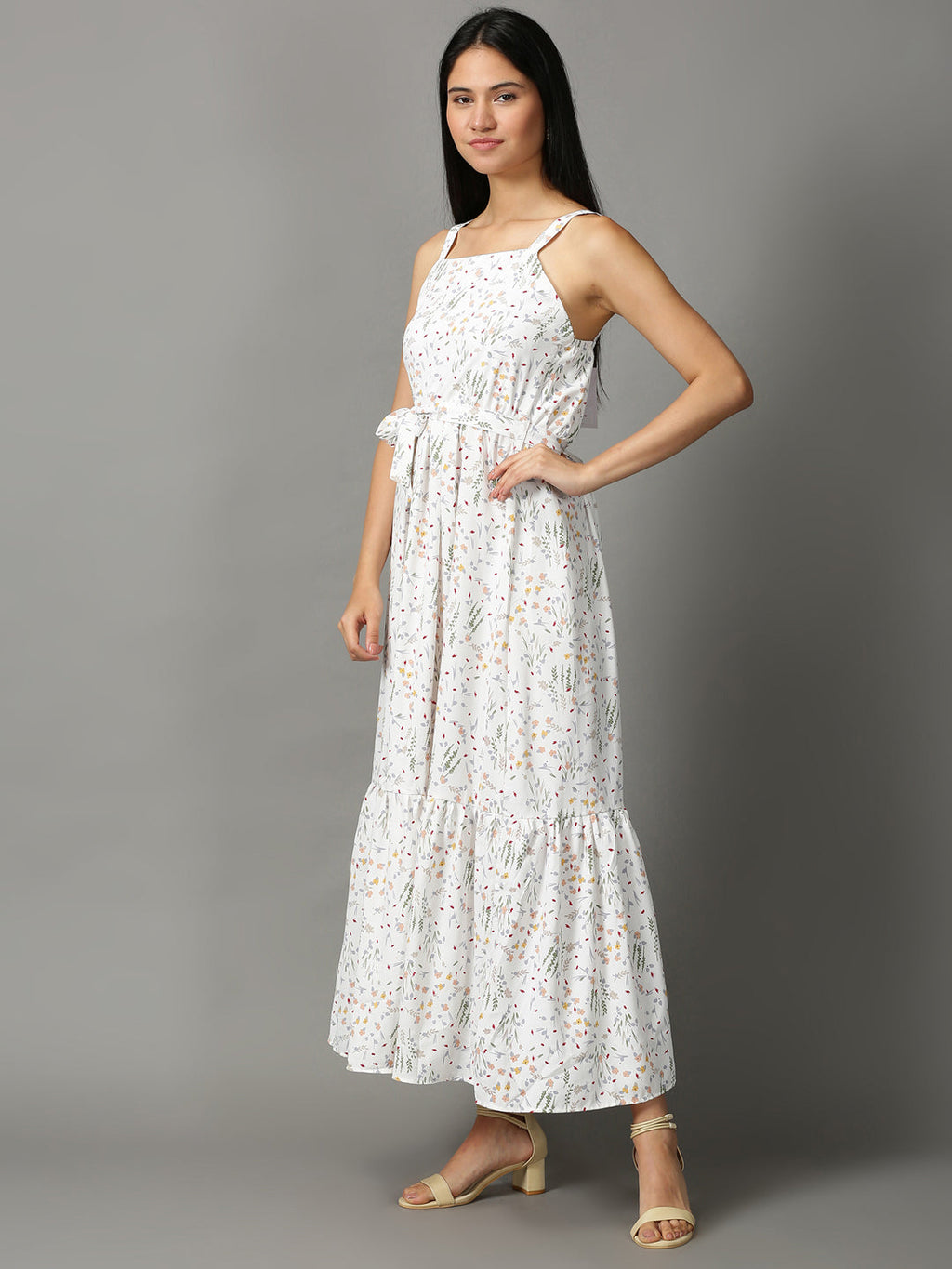Women's White Floral Layered Chiffon Ethnic Maxi Dress