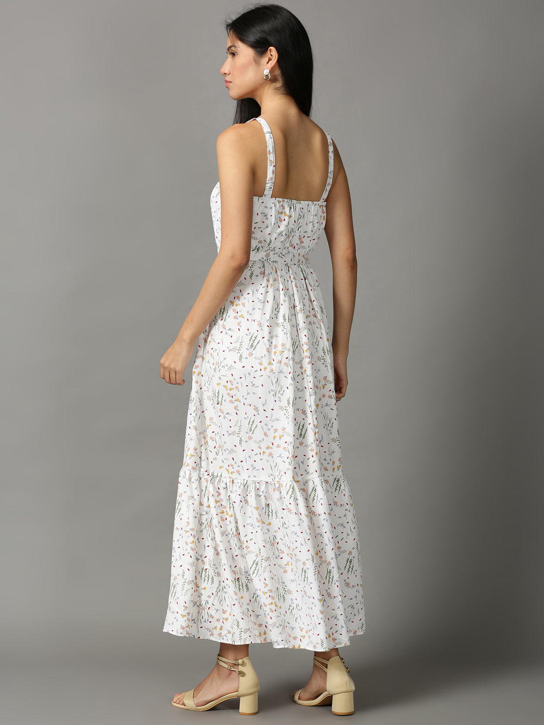 Women's White Floral Layered Chiffon Ethnic Maxi Dress