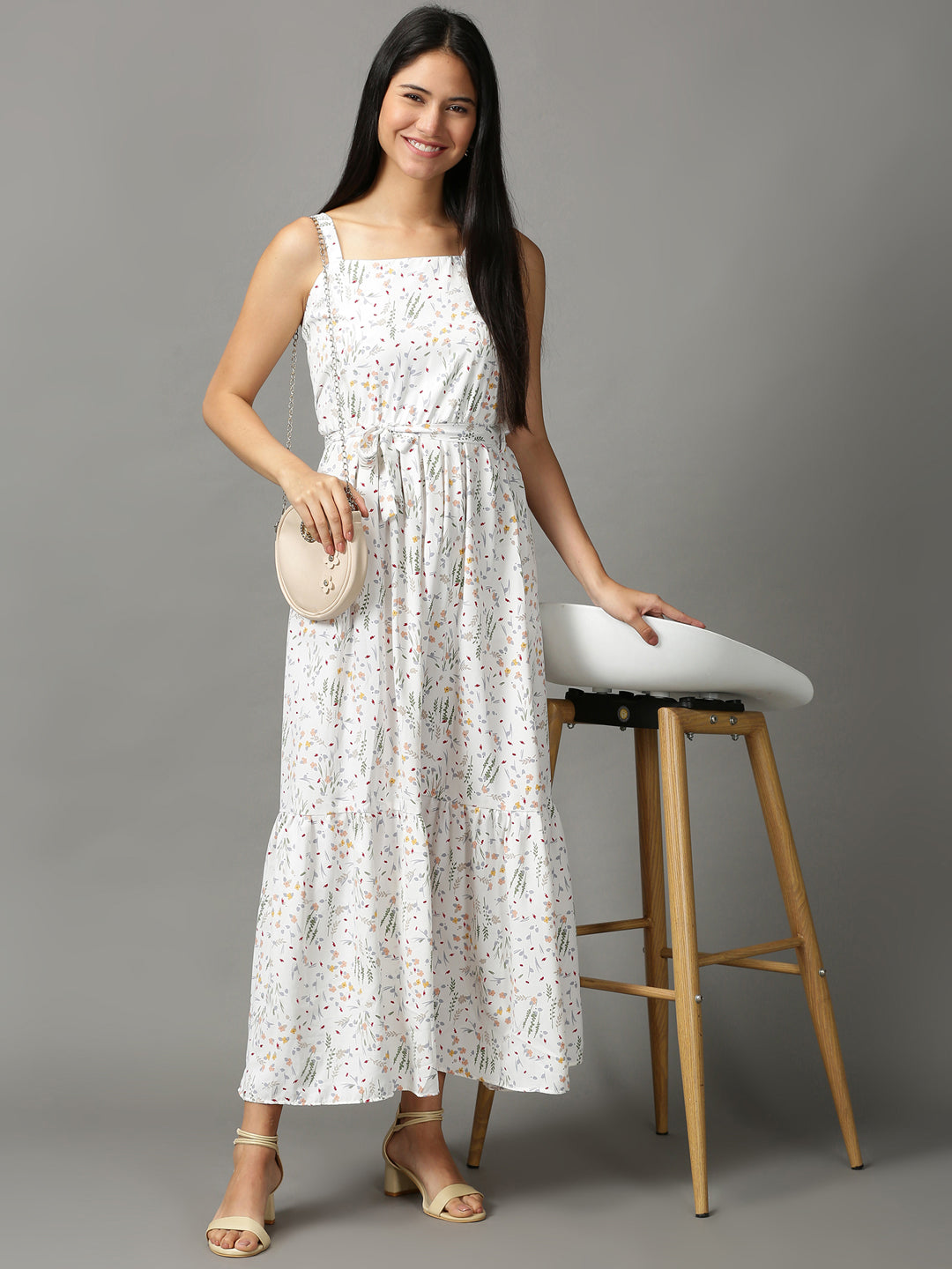 Women's White Floral Layered Chiffon Ethnic Maxi Dress