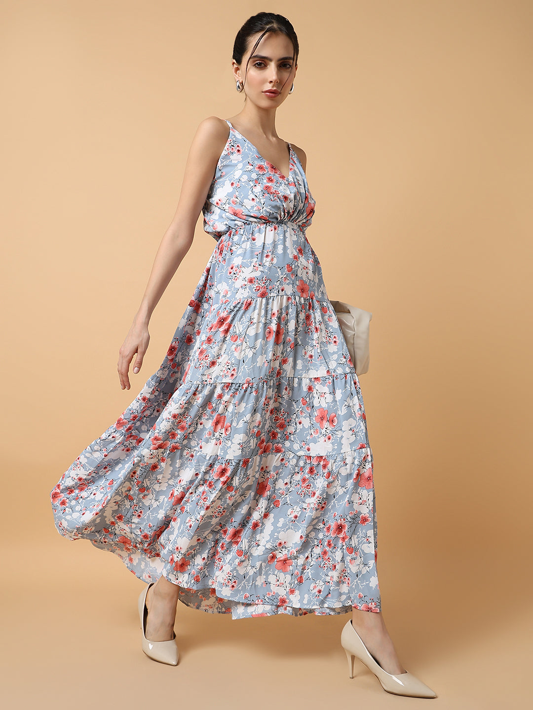 Women's Blue Floral Printed Tiered Crepe Maxi Dress