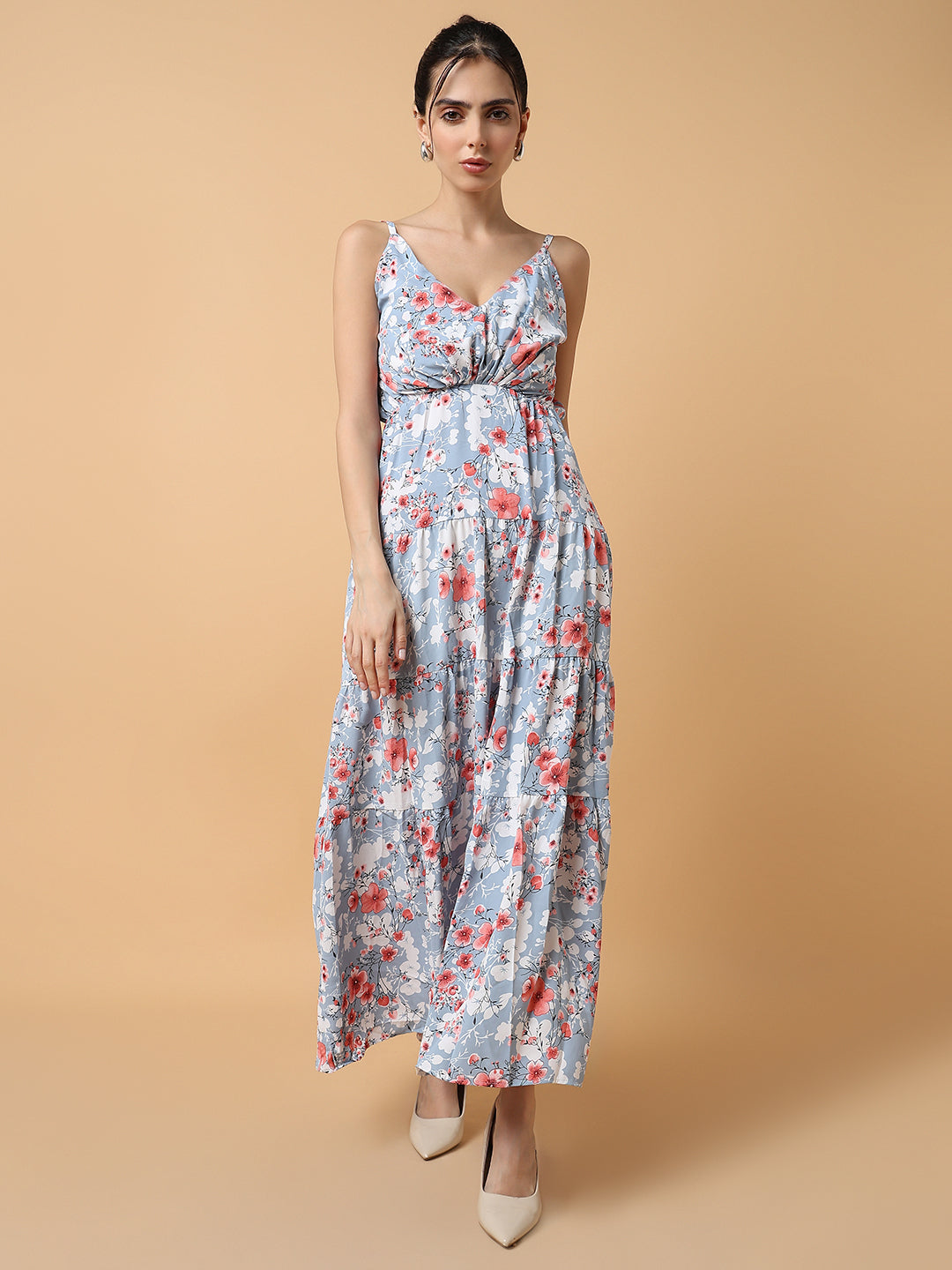 Women's Blue Floral Printed Tiered Crepe Maxi Dress