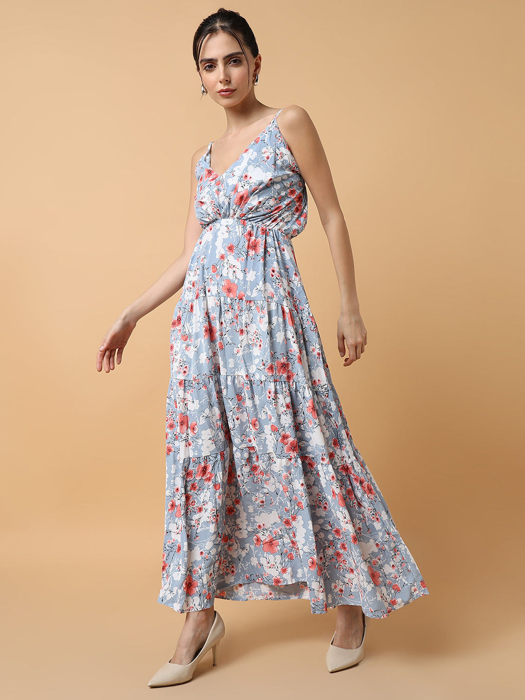 Women's Blue Floral Printed Tiered Crepe Maxi Dress