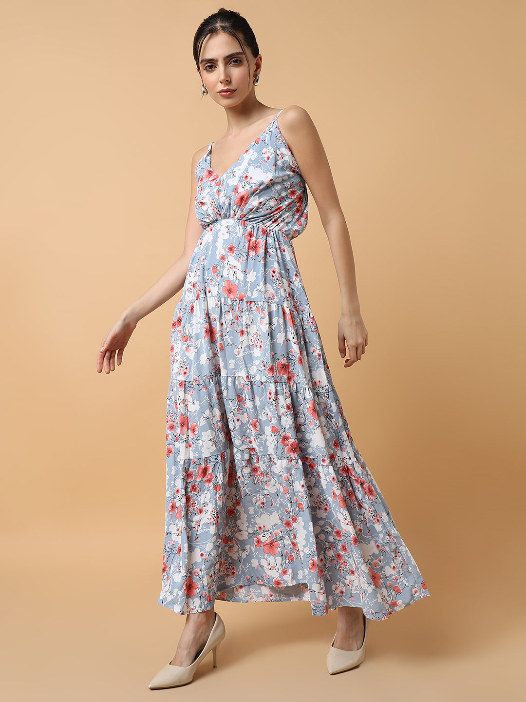 Women's Blue Floral Printed Tiered Crepe Maxi Dress