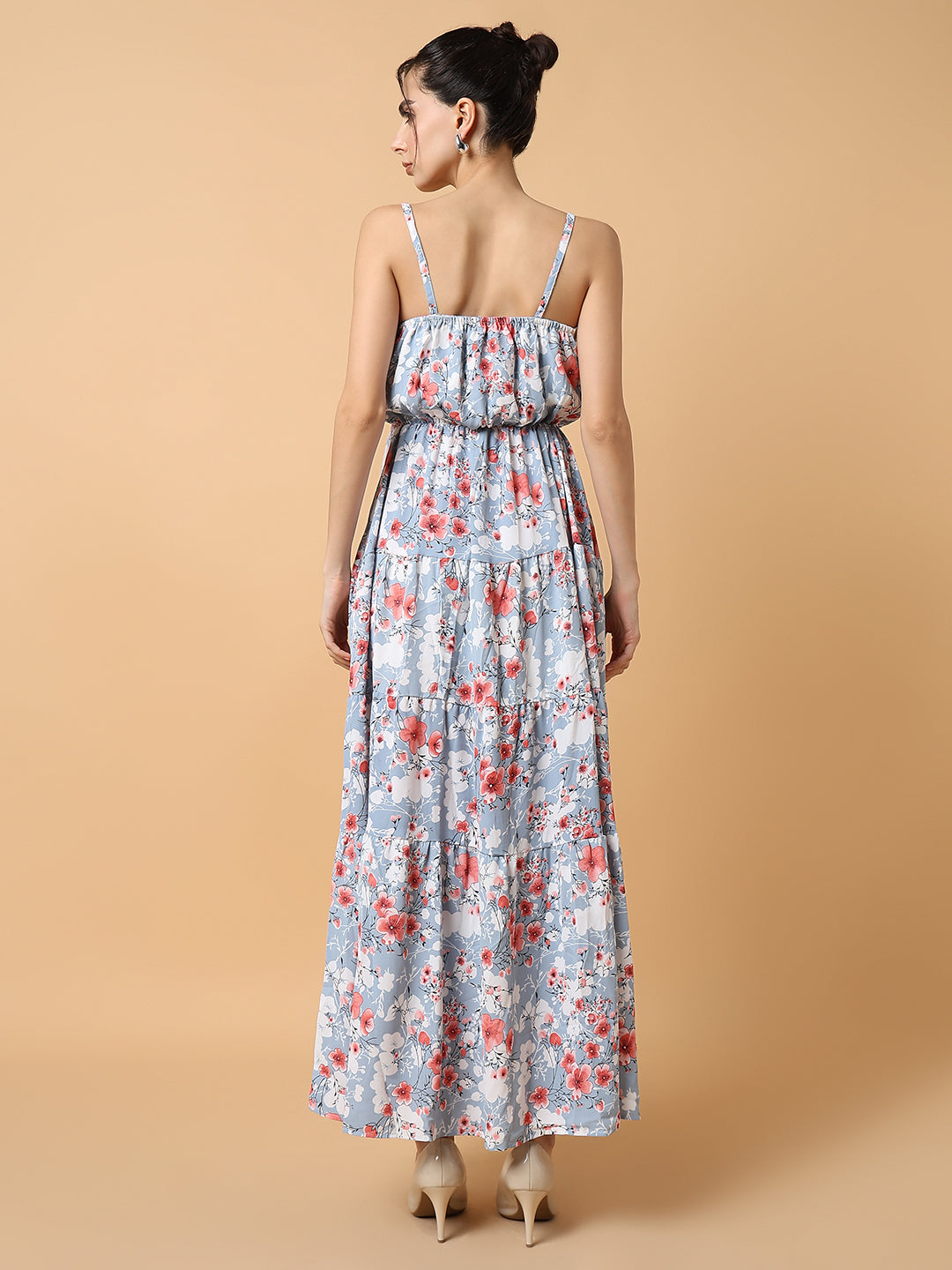 Women's Blue Floral Printed Tiered Crepe Maxi Dress
