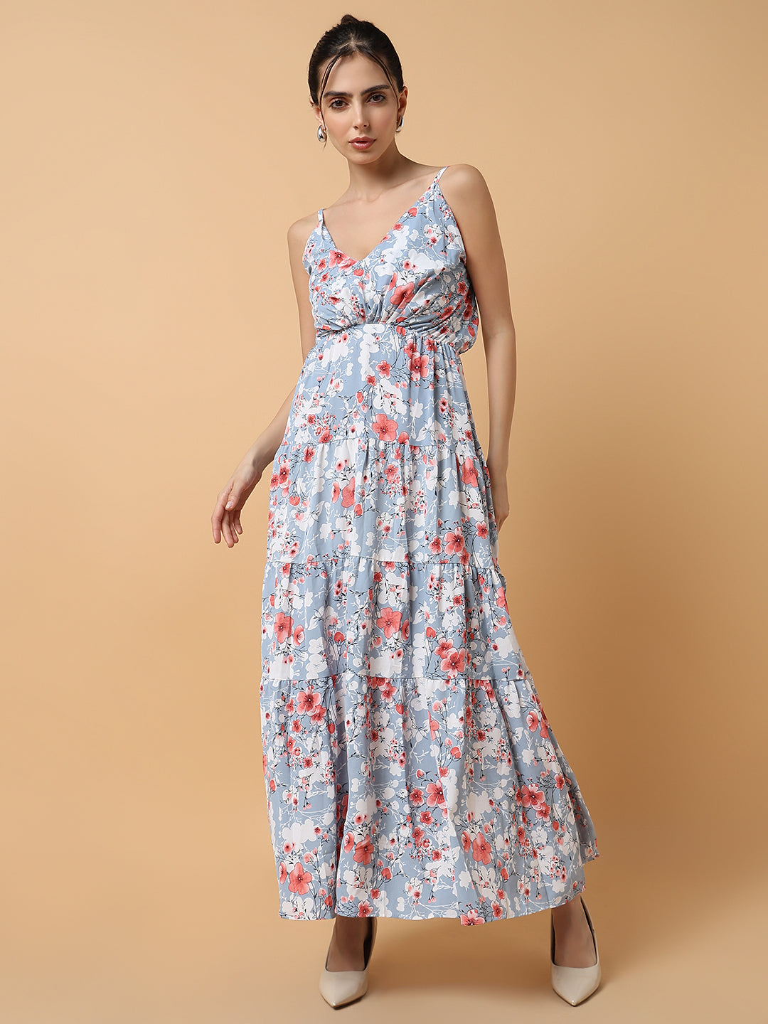 Women's Blue Floral Printed Tiered Crepe Maxi Dress