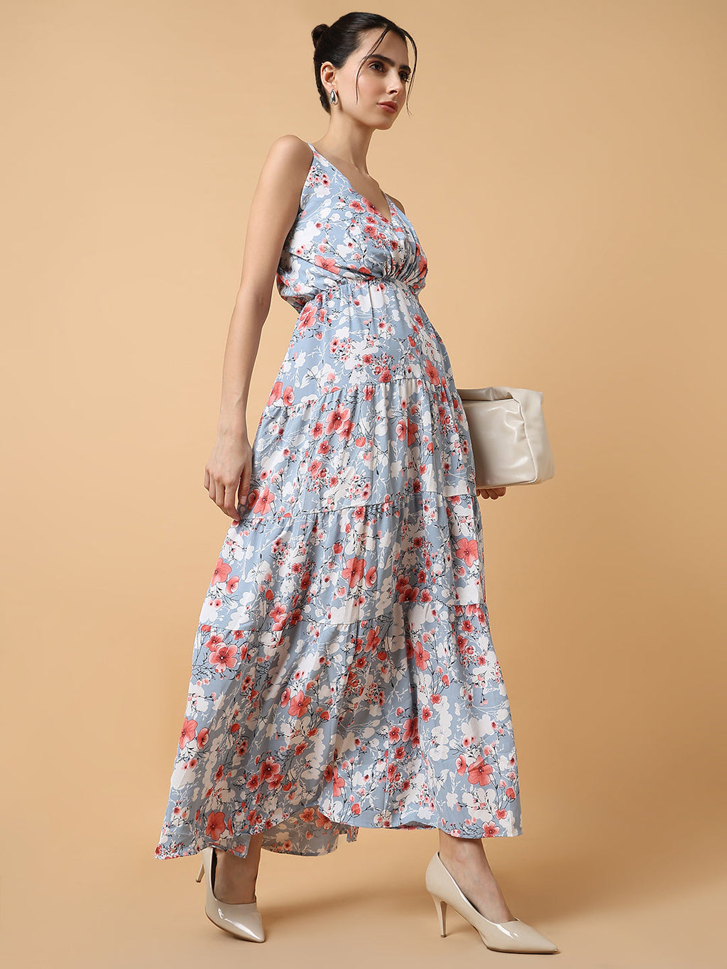 Women's Blue Floral Printed Tiered Crepe Maxi Dress