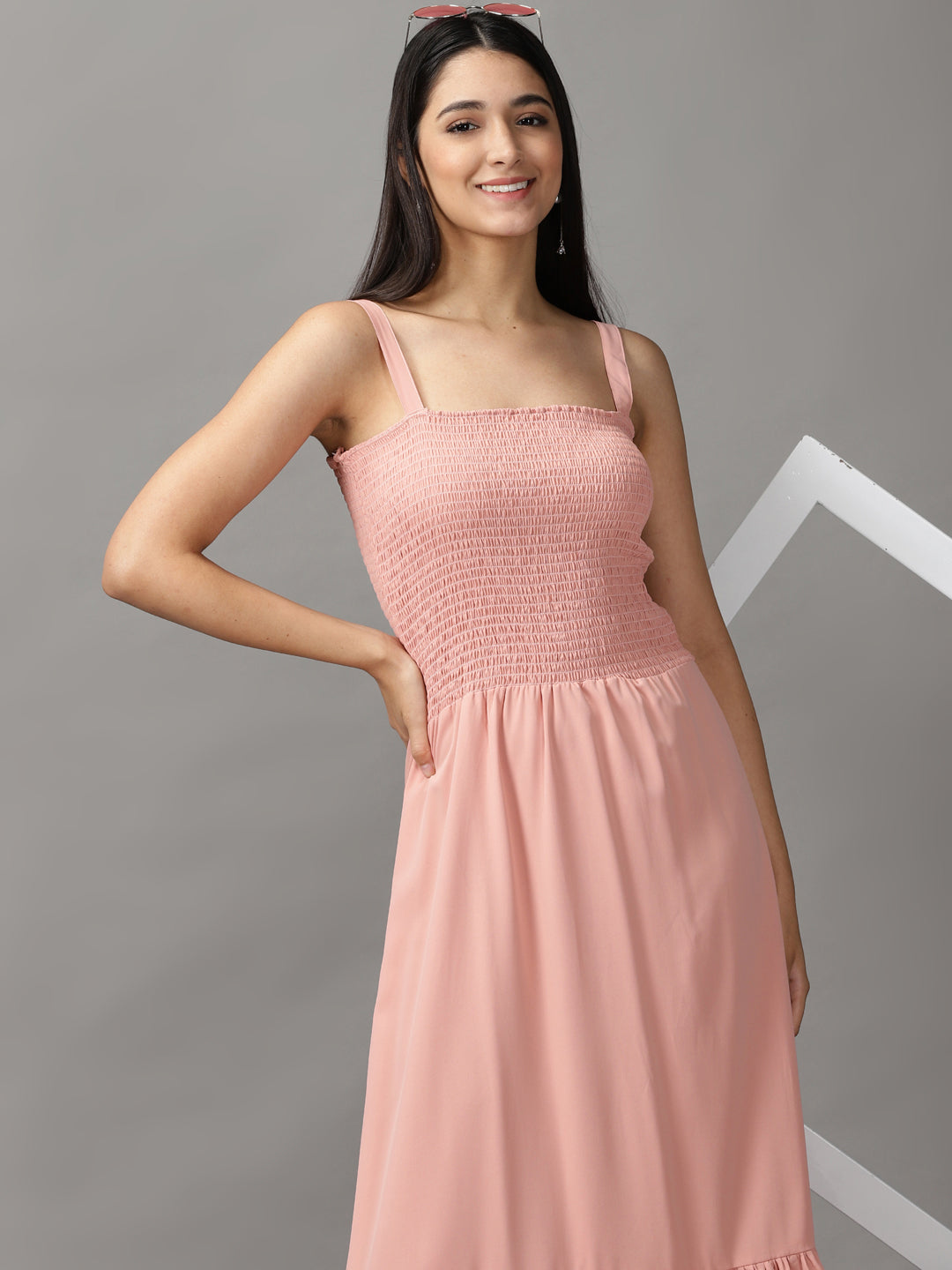 Women's Peach Crepe Fit & Flare Midi Dress